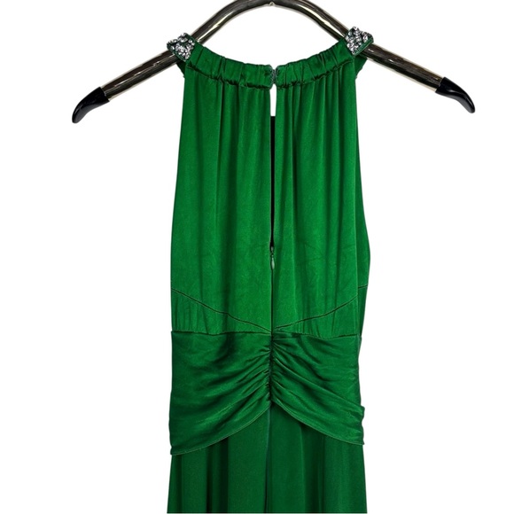 TERI JON BY RICKIE FREEMAN GREEN RHINESTONE CRYSTAL HALTER SILKY EVENING GOWN - Picture 10 of 14